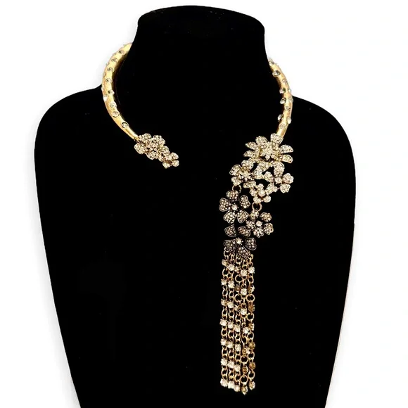 GOLDEN GLAM GODDESS | Designer Floral Crystal Waterfall Collar Necklace | NWT - Picture 8 of 8